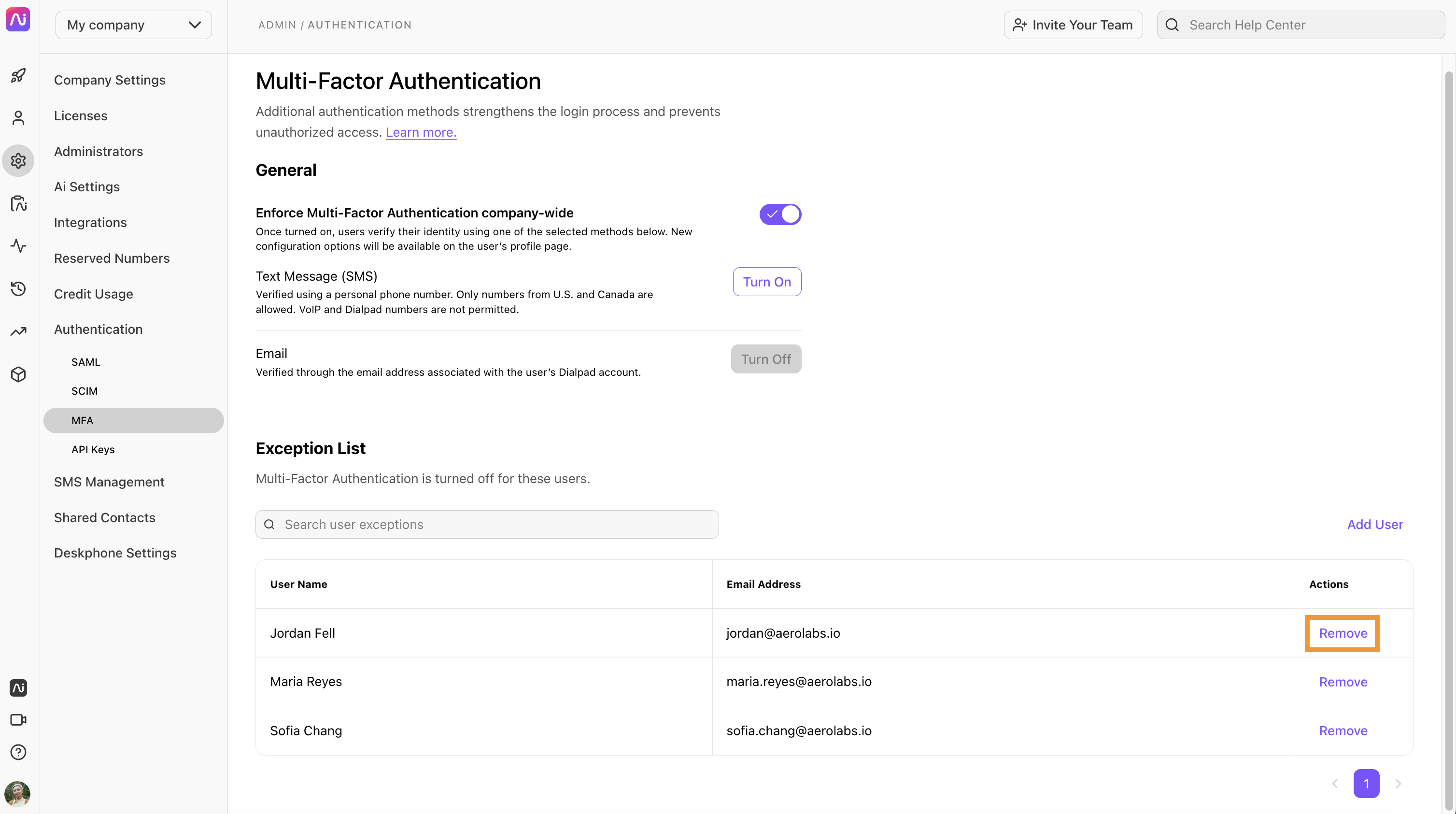 Multi-Factor Authentication settings with exception list for specific users displayed. Option to remove users from the list highlighted.